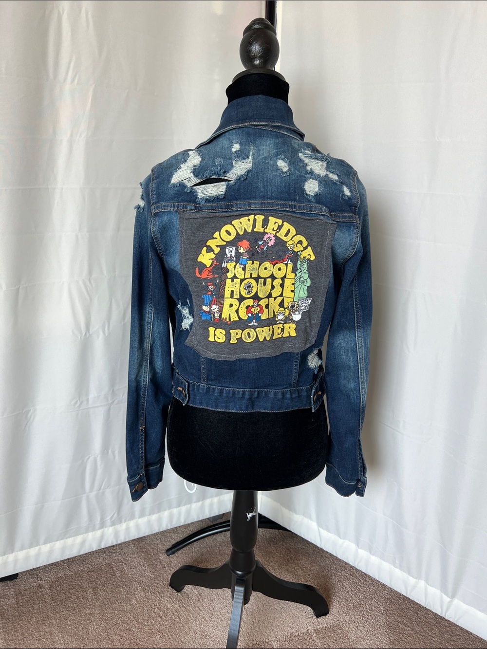 Upcycled Distressed Denim Jacket with Schoolbouse Rock 'Knowledge is Power'